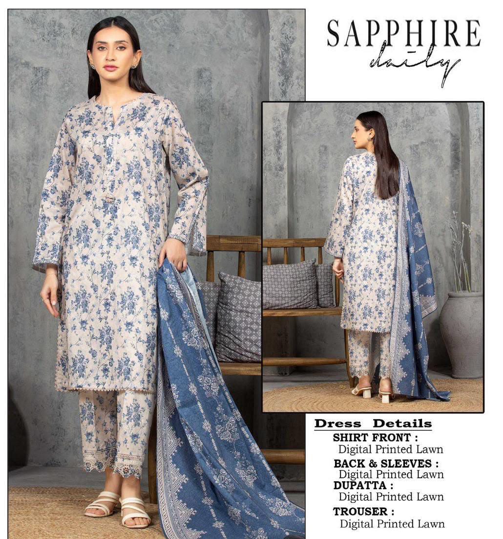 Sapphire Premium Luxury Lawn Suit with Printed Dupatta
